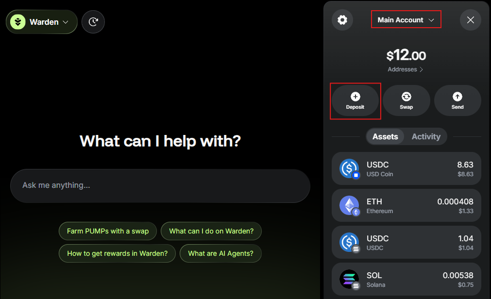 Select the main account in Warden