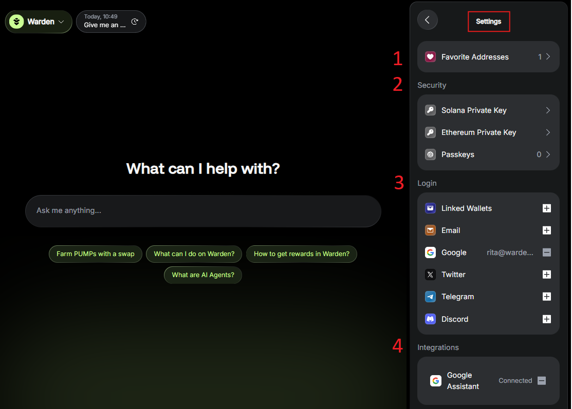 The available wallet settings in Warden